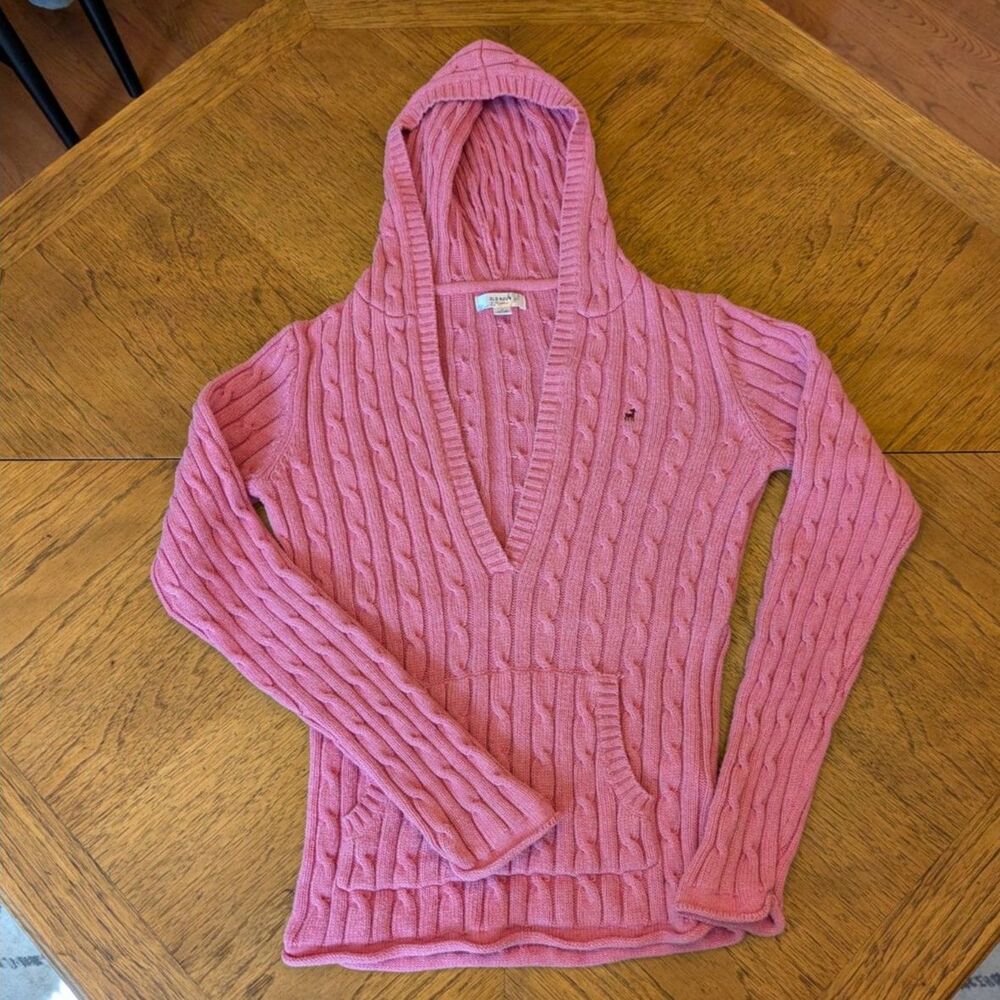 Y2K Bubblegum Pink Old Navy Cable Knit Hooded Sweater V-Neck Pocket Size M
